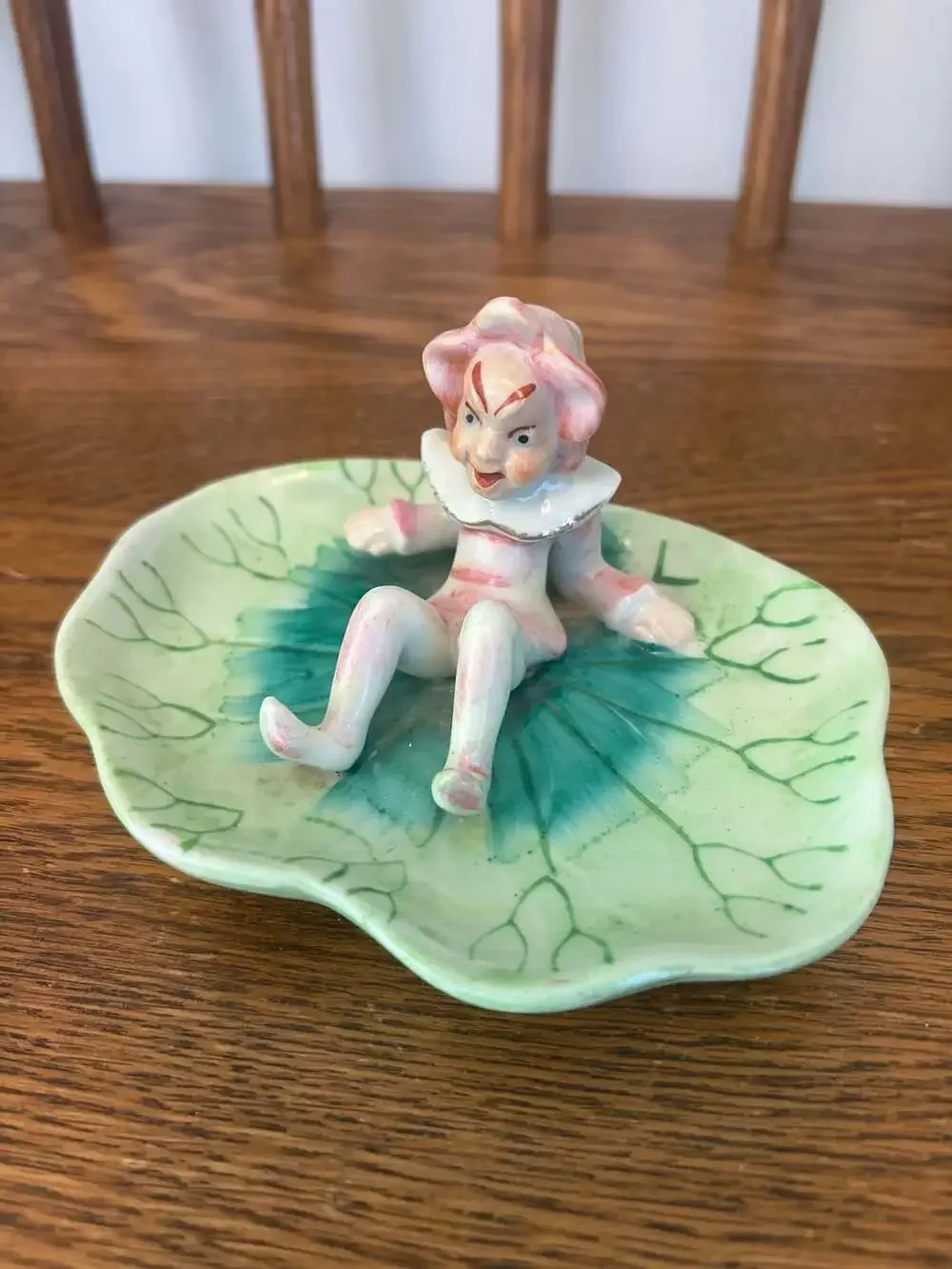 Vintage Occupied Japan Ceramic Pixie Elf on Leaf Trinket Dish